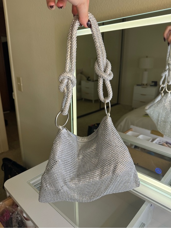 Handbags - Silver Rhinestone Crystal Hobo Shoulder Bag Knotted Strap Y2K Party Purse